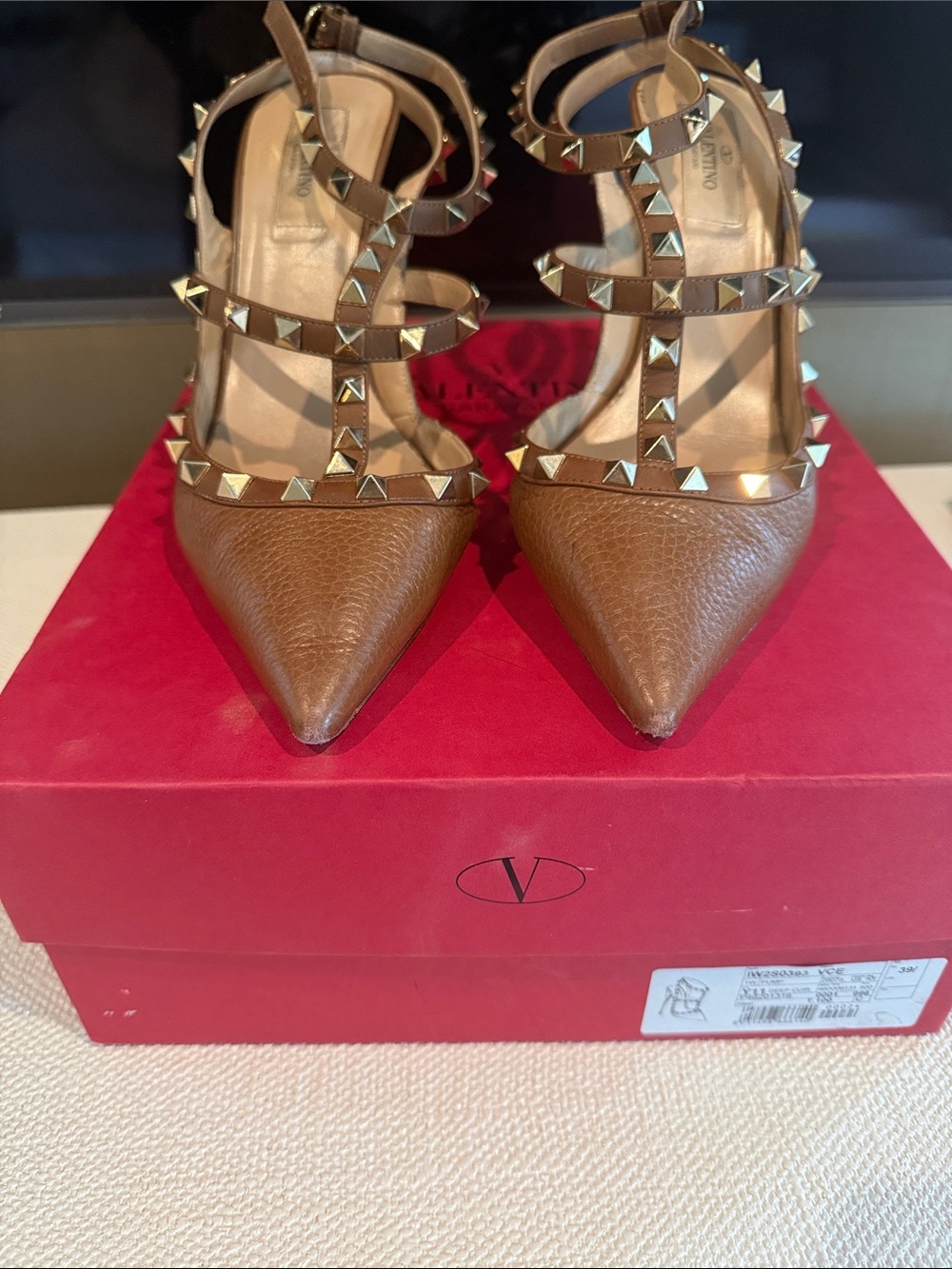 Valentino Brown Leather Rockstud Pointed T-Strap Pumps